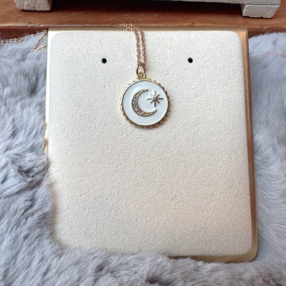 White Enamel Rhinestone Moon Star Charm Necklace - Picture 2 of 4